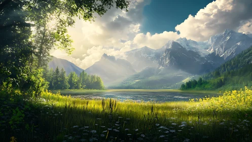 Sunlit mountain lake dreaming beneath wildflower fringes.