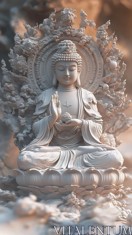 Seated Buddha sculpture with ornate halo and lotus base.