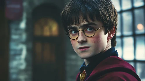 Young wizard in crimson cloak gazes ahead with quiet resolve