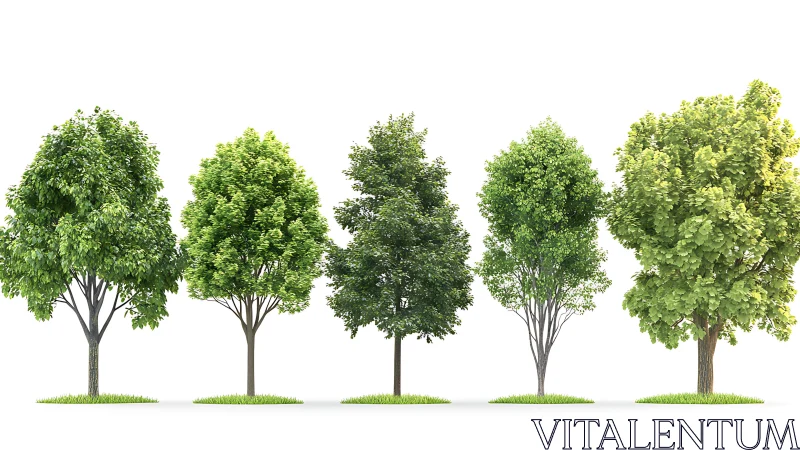 Lush deciduous trees stand in a clean, bright studio space