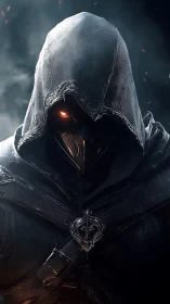 Hooded cyber assassin emerges from the burning shadows