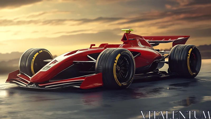 Aerodynamic crimson single-seater under cinematic dusk sky.