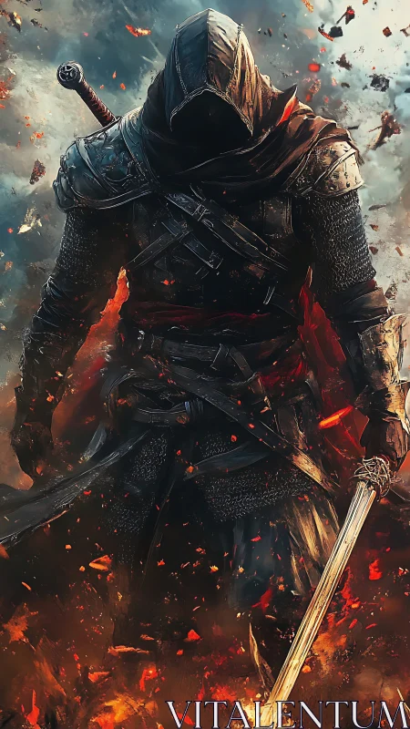 Ashborn rogue strides through embers with a burning blade.