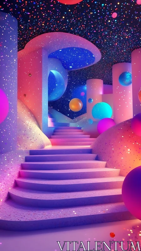 Gradient-lit surreal staircase in luminous orbital interior.