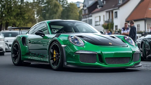 Green Porsche sports car stands parked on city street
