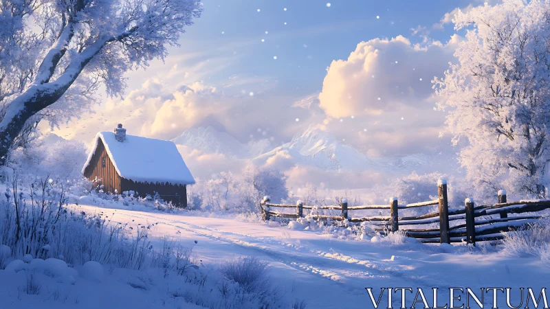 Snowy cabin trail winding through a peaceful winter dawn.