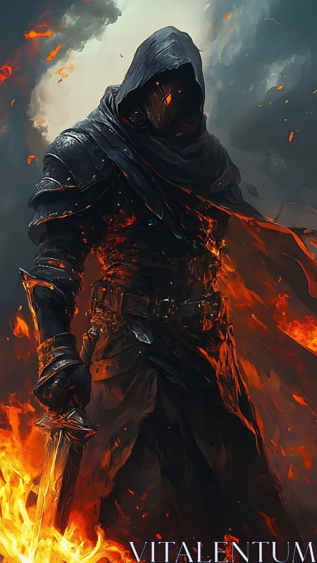 Flame cloaked warrior strides through fire with quiet power