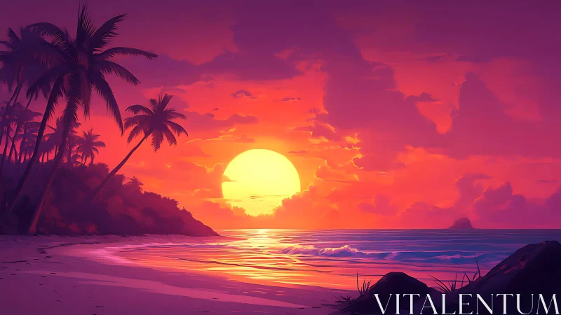 Tropical coastline with palm trees under vivid sunset sky.
