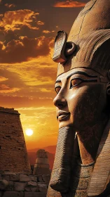Colossal Egyptian pharaoh statue profile at sunset, temple ruins