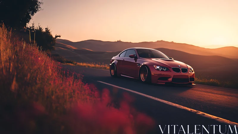 Sunset-graded red coupe on winding rural asphalt roadway.
