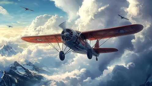 Vintage propeller aircraft flies through dense mountain cloud