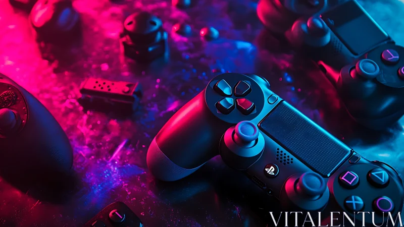 DualShock controllers under neon magenta cyan rim lighting study