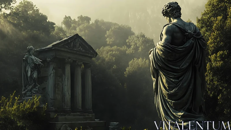 Classical stone statues overlooking forest temple ruin.