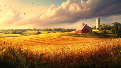 Sunlit agricultural fields surround red barn and silo structures