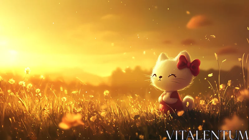 Backlit chibi cat character in golden hour field illumination