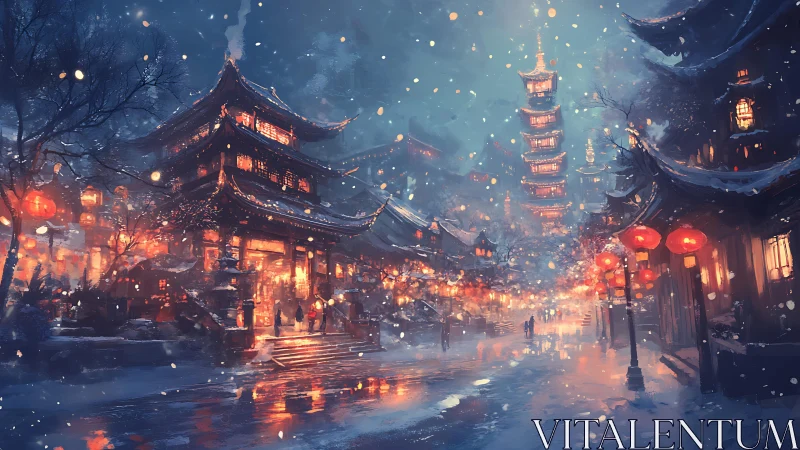 Snowy lantern-lit pagoda street glows under midnight sky.