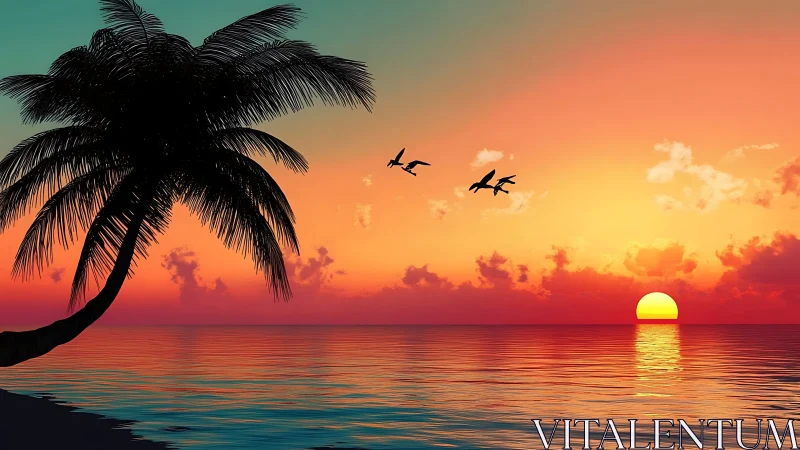 Tropical sunset sky burns above calm reflective ocean horizon.