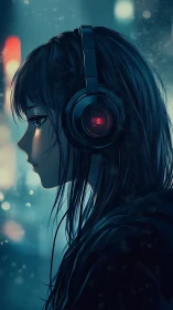 Solitary anime listener rendered in moody cyan backlight