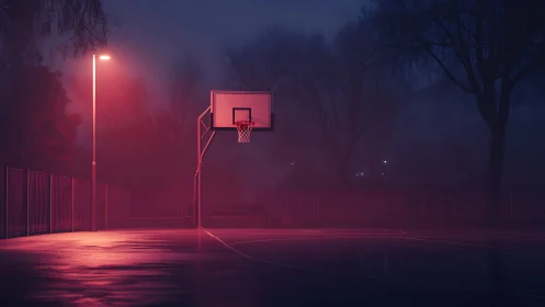 Midnight street court under neon haze and solitary glow.