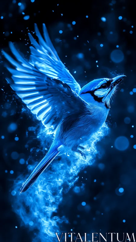 Luminous blue jay soaring through a dreamy night sky.