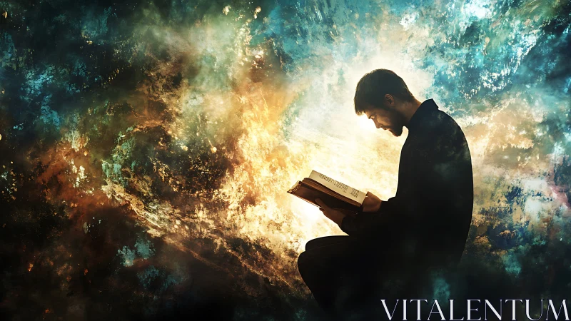 Silhouetted reader illuminated against swirling cosmic nebula backdrop