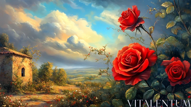 Large red roses occupy foreground against rural valley landscape