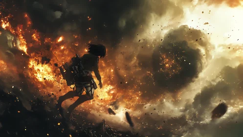 Armored figure leaping through explosive inferno.