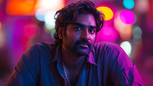 Man in neon lit urban night scene with blurred city lights.