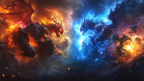 Elemental fire and ice dragons locked in cosmic battlefield