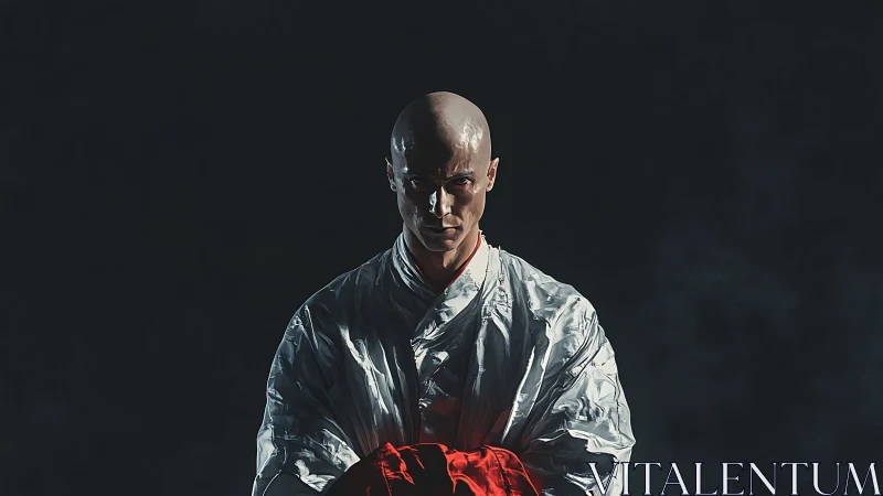 Stoic cyber monk sharpens resolve beneath stormy shadows