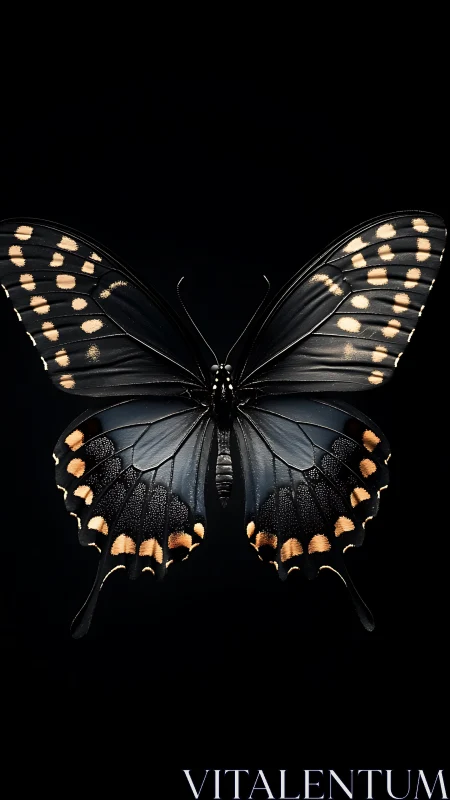 Midnight butterfly with ember-tipped wings in velvet dark.