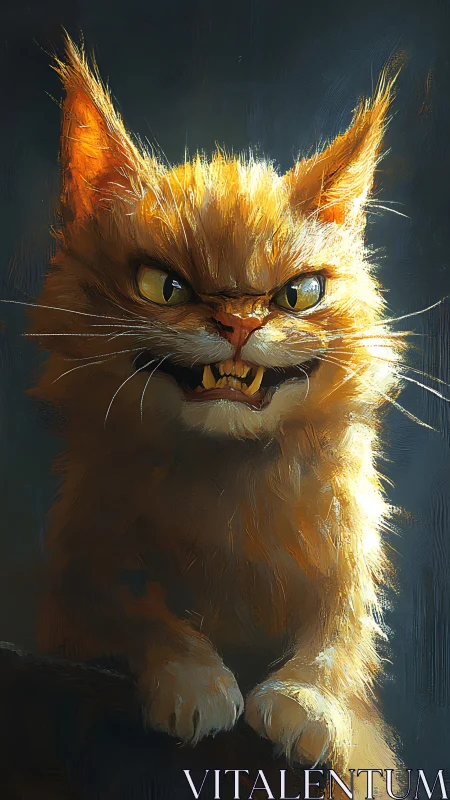 Snarling ginger longhair cat in dramatic rim lighting portrait