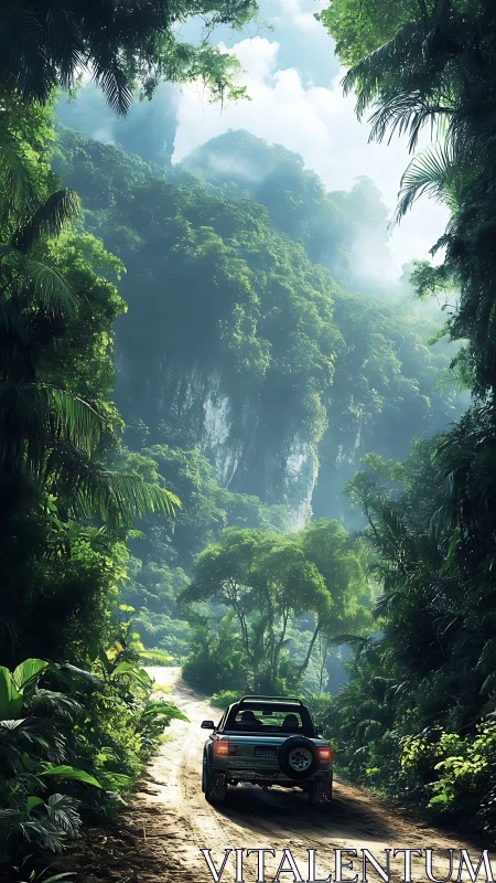 Rugged jeep wandering into a mist-wrapped jungle cradle.
