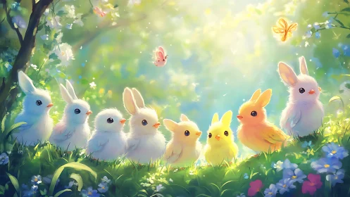 Row of rabbits and chicks in sunlit forest clearing.