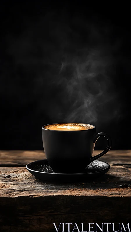 Steaming latte in matte black cup rests on rustic wooden table