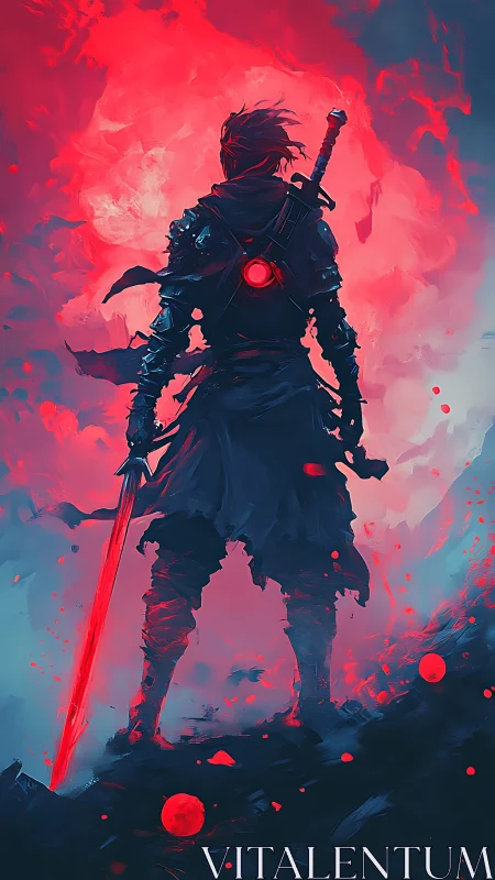 Armored warrior silhouette confronts radiant crimson vortex