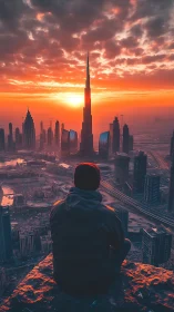Silhouetted man overlooking modern city at vivid sunset.