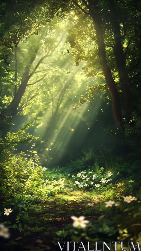 Sunlit forest glade with drifting petals and luminous haze.