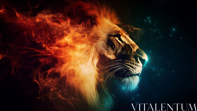 Fiery lion profile burns through cosmic neon darkness