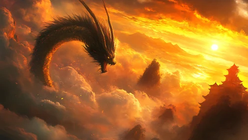 Mythic sky dragon circling sunlit temple above clouds.