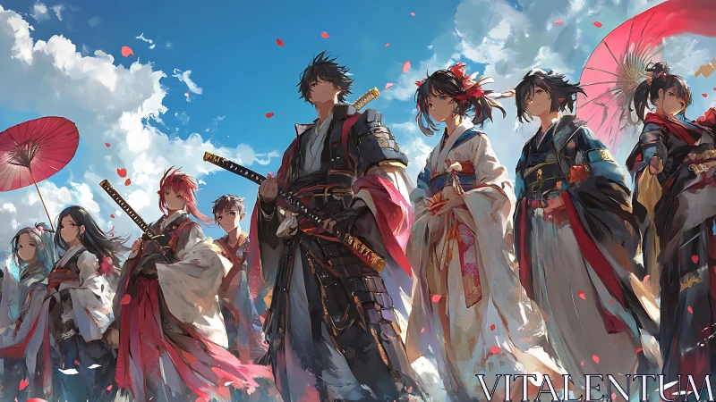 Anime samurai ensemble under dynamic sky with falling petals.