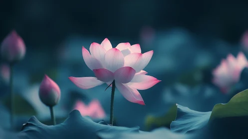 Pink lotus blooms softly against tranquil teal depths.