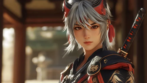 Anime samurai portrait in shallow depth-of-field rendering.