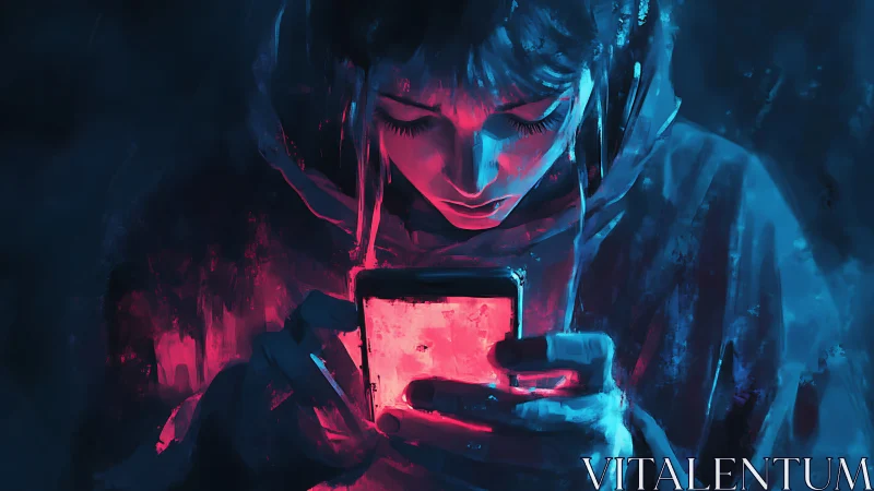 Neon glow gently wraps a focused teen scrolling a phone