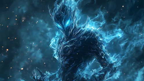 Ethereal blue energy humanoid figure in swirling void.