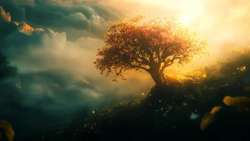 Luminous solitary tree crowns misty golden hillside at dusk.