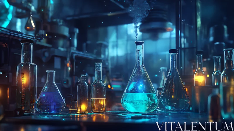 Nocturnal alchemy lab with glowing potions and restless glass.