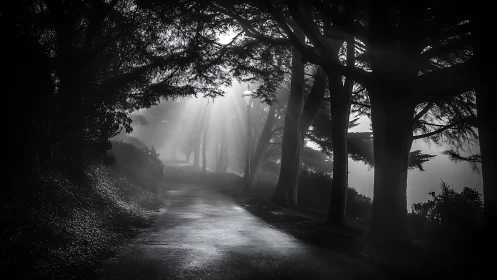 Foggy forest road catches strong backlit morning rays
