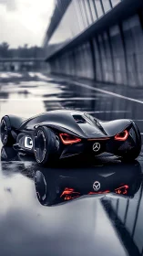 Futuristic Mercedes concept car glides across rainy tarmac
