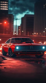 Red muscle car on wet city street at night under lights.